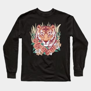 Tiger Face Beautiful Flowers Cat Lovers Long Sleeve T-Shirt